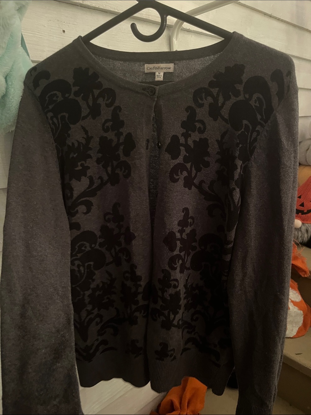 croft & barrow Gray Cardigan with Black Flocked Floral Design